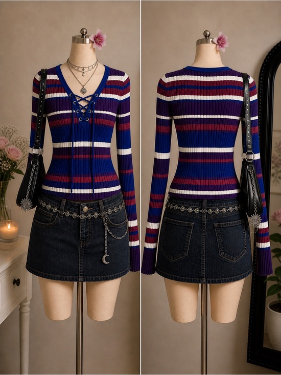 Arizona Jean Company Sweaters - Arizona Jeans ribbed lace up striped sweater top blue purple white size S Y2K